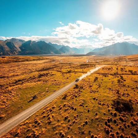 Mountain road and lake landscape in New Zealand